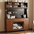 Wooden Sideboard With Open Shelves Perforated Back Panel Hanging Utensils Drawers And Glass Doors