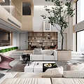Modern Duplex Living Room Interior With Large Sofa Coffee Table And Indoor Tree 3d model