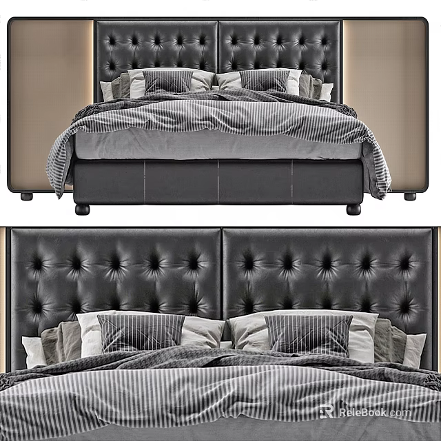 Elegant Double Bed With Tufted Headboard Striped Bedspread And Pillows 3d model