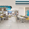 Bright Restaurant Interior With Yellow Gray Chairs White Tables And Blue Ceiling Decor