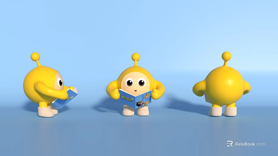 Yellow Cartoon Characters And Creatures Holding Blue Book Against Light Blue Background 3d model 