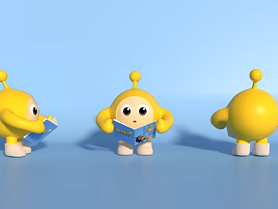 Yellow Cartoon Characters And Creatures Holding Blue Book Against Light Blue Background 3d model