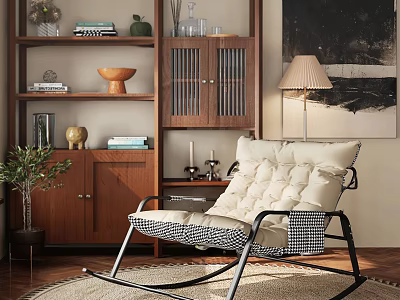 Leisure Rocking Chair with White Padded Seat Black Metal Frame Wooden Shelves Lamp and Plant 3d model