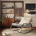 Leisure Rocking Chair with White Padded Seat Black Metal Frame Wooden Shelves Lamp and Plant