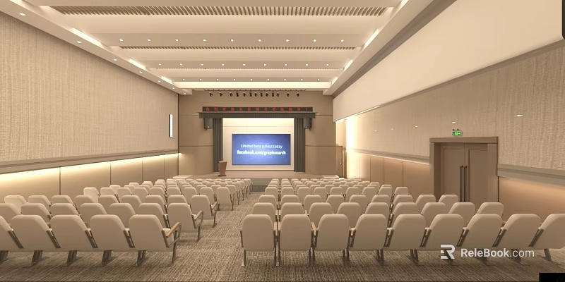School Building Auditorium Interior With Rows Of White Seats And Large Projection Screen 3d model 