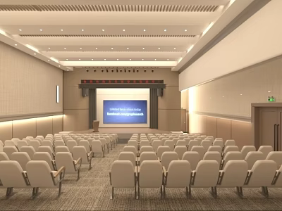 School Building Auditorium Interior With Rows Of White Seats And Large Projection Screen 3d model