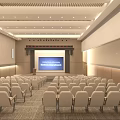 School Building Auditorium Interior With Rows Of White Seats And Large Projection Screen