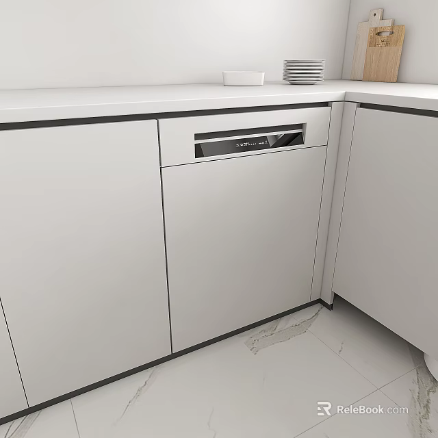 Modern Open Kitchen Interior With White Cabinets And Built In Dishwasher Appliance 3d model 