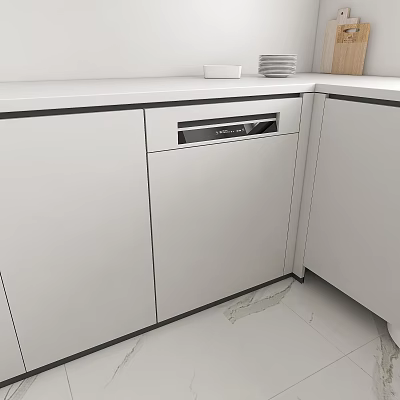 Modern Open Kitchen Interior With White Cabinets And Built In Dishwasher Appliance 3d model