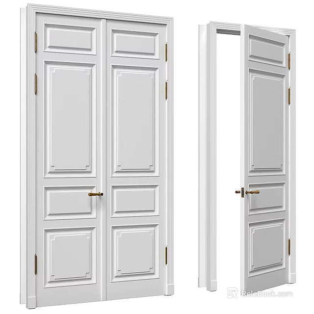 White Paneled Hinged Doors With Brass Handles For Modern Interior Design 3d model 