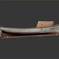 Vintage Wooden Boat Model With Brown Hull Light Green Roof And Dark Background Reflection