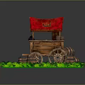 Wooden Cart With Red Canopy Surrounded By Green Plants And Barrels