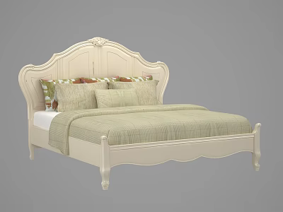 European Style White Double Bed With Carved Headboard And Light Green Plaid Quilt 3d model