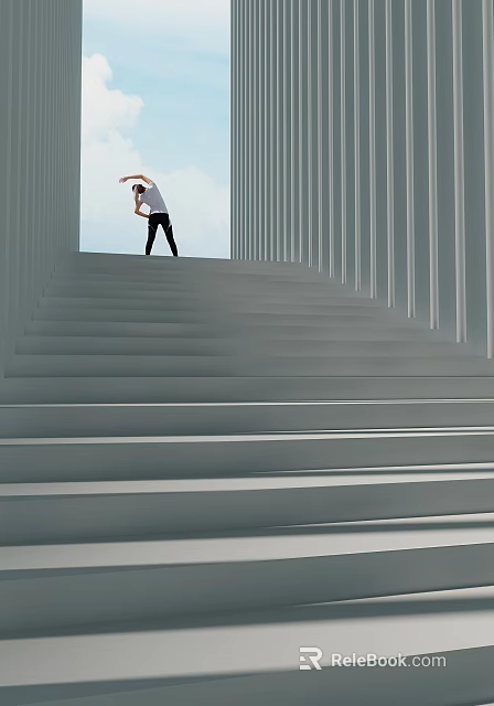 Concrete Staircase With Vertical Columns And Person Stretching Under Open Sky 3d model 