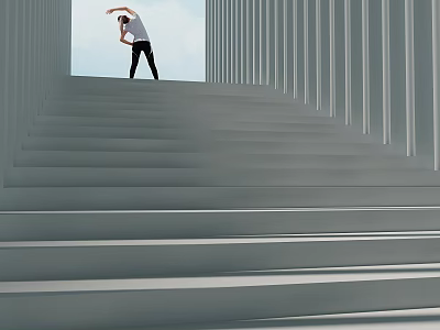 Concrete Staircase With Vertical Columns And Person Stretching Under Open Sky 3d model