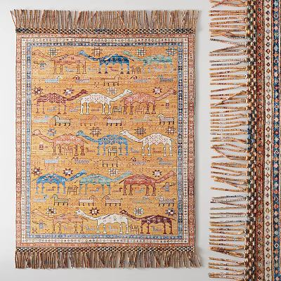 Multicolored Traditional Carpet Featuring Camel Patterns Geometric Designs And Fringed Edges 3d model