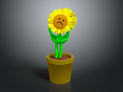 Potted Yellow Sunflower With Sad Face And Green Stem In Yellow Pot 3d model