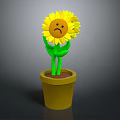 Potted Yellow Sunflower With Sad Face And Green Stem In Yellow Pot