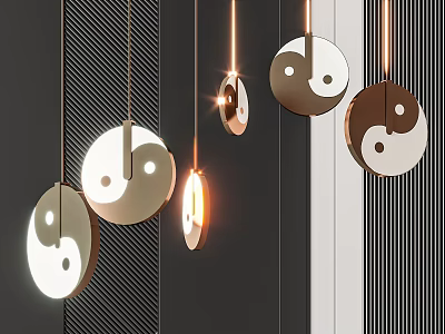 Yin Yang Shaped Pendant Chandeliers with White Brown Metallic Finish and Striped Dark Wall Background 3d model