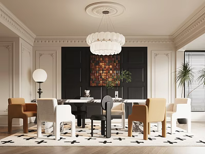 Elegant Restaurant Interior With Chandelier Dark Accent Wall Decorative Painting Dining Table Mixed Color Chairs 3d model