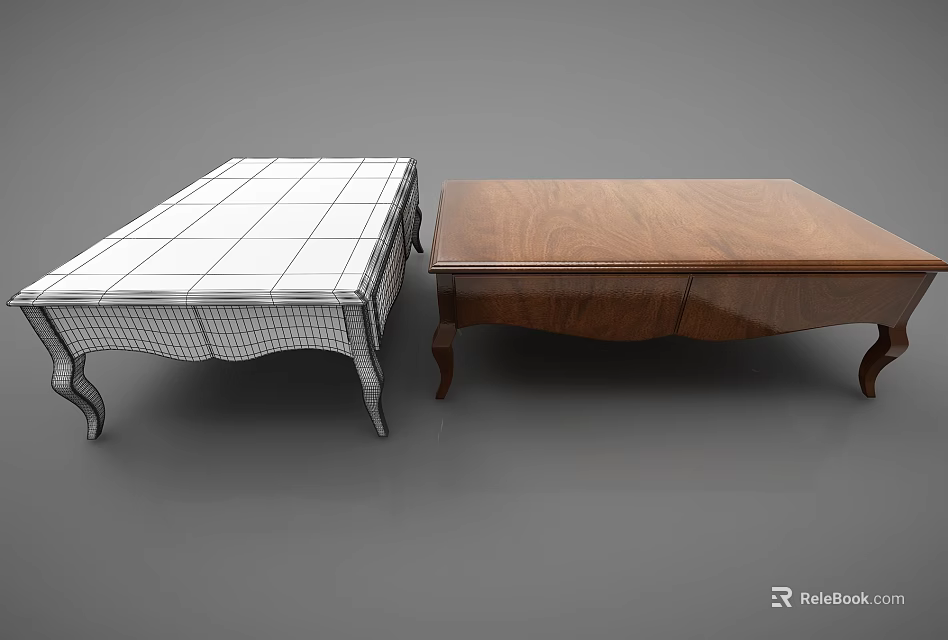Elegant Wooden Coffee Table With Carved Legs And Wireframe Design Model 3d model 