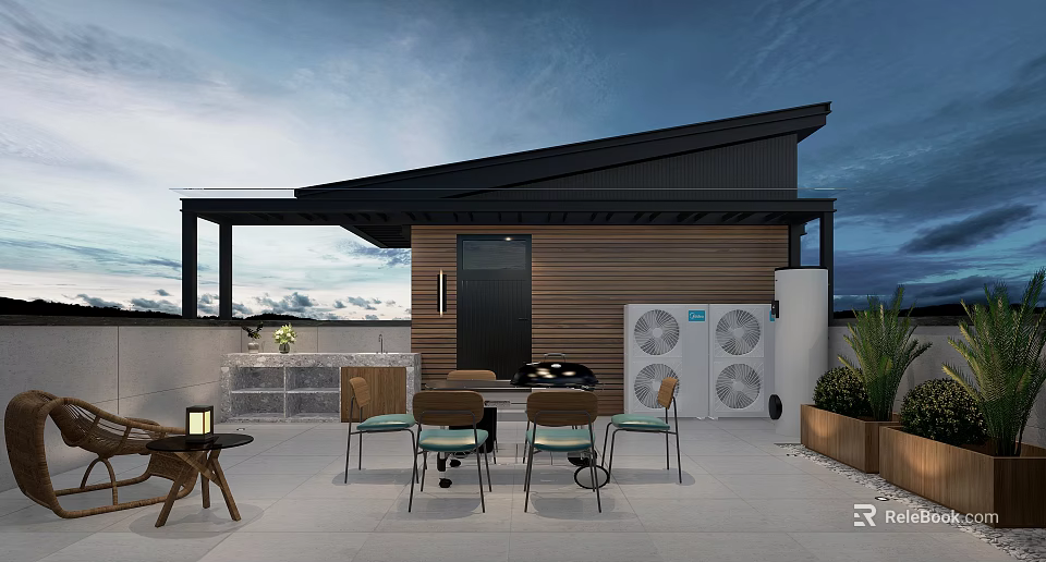 Elegant Modern Villa Balcony With Outdoor Dining Set Greenery And Sloped Roof 3d model 