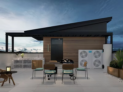 Elegant Modern Villa Balcony With Outdoor Dining Set Greenery And Sloped Roof 3d model