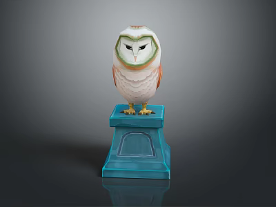 Elegant Owl Statue Decorative Figure Placed On Blue Pedestal With Detailed Design 3d model