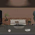 Modern Living Room Interior Design With Sofa Armchair Round Coffee Table Decorative Plant And Sculpture