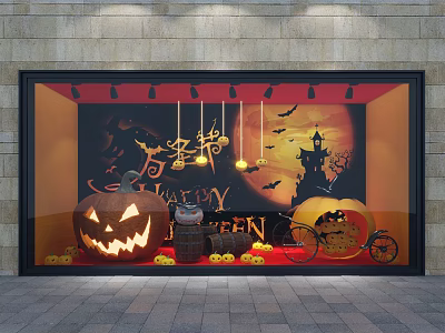 Halloween Shop Window Display with Jack O Lantern Pumpkin Bat Moon Bicycle And Barrel 3d model