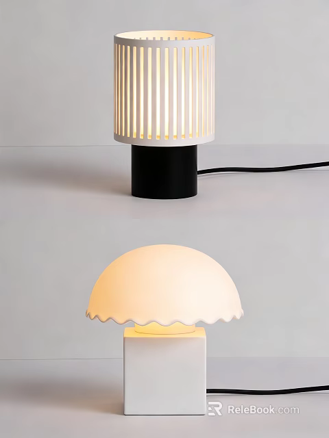 Modern Table Lamp With Vertical Striped And Scalloped Edge Lampshade Black White Base 3d model 