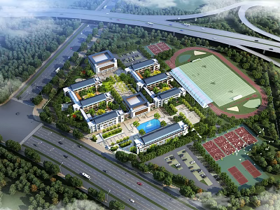Aerial View of School Buildings Campus With Sports Field Green Spaces and Roads 3d model