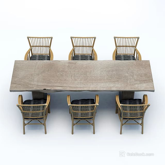 Natural Wooden Dining Table Set With Six Rattan Chairs For Dining Room 3d model 