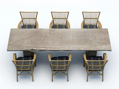 Natural Wooden Dining Table Set With Six Rattan Chairs For Dining Room 3d model