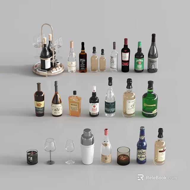 Various Wine Bottles and Glasses Arranged with Bar Tools and Accessories 3d model 