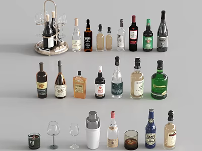 Various Wine Bottles and Glasses Arranged with Bar Tools and Accessories 3d model