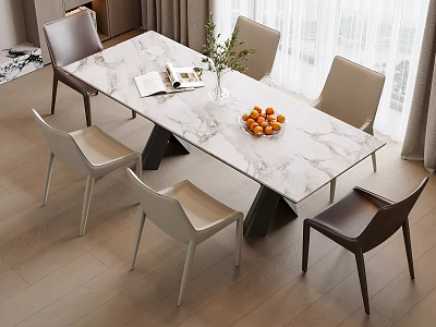 Modern Dining Table Set Featuring Marble Top Mixed Chairs Green Plant Oranges And Book 3d model
