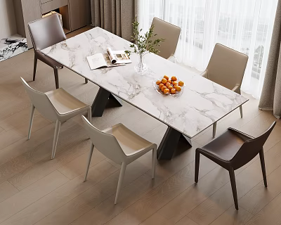 Modern Dining Table Set Featuring Marble Top Mixed Chairs Green Plant Oranges And Book 3d model