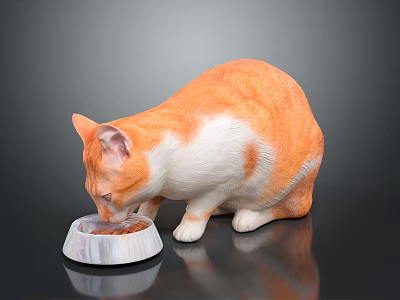 Orange and white cat eating food from a bowl on a black surface in studio setting 3d model