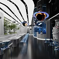 Modern Restaurant Interior With Curved Ceiling Blue Lighting And Astronaut Decor