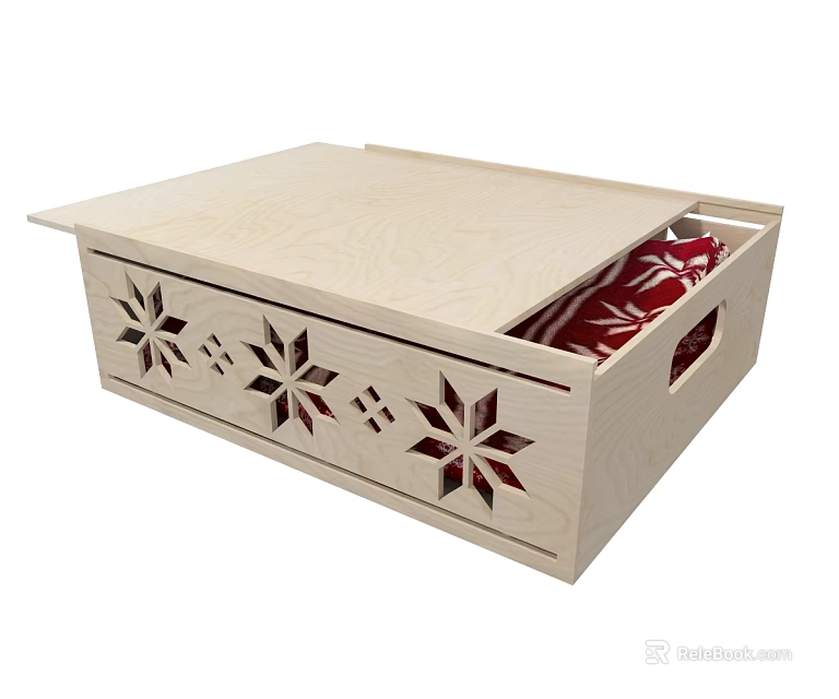 Wooden Decorative Ornament Storage Box With Snowflake Cutout Patterns Open Lid And Red Interior Detail 3d model 
