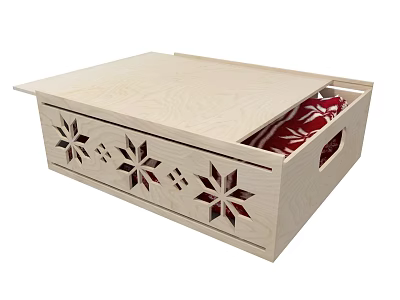 Wooden Decorative Ornament Storage Box With Snowflake Cutout Patterns Open Lid And Red Interior Detail 3d model
