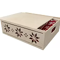 Wooden Decorative Ornament Storage Box With Snowflake Cutout Patterns Open Lid And Red Interior Detail