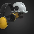Protective Industrial Safety Equipment With White Hard Hat And Yellow Earmuffs