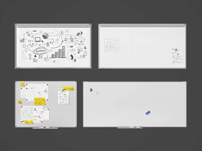 Whiteboard With Hand Drawn Charts Graphics And Sticky Notes In Different States 3d model