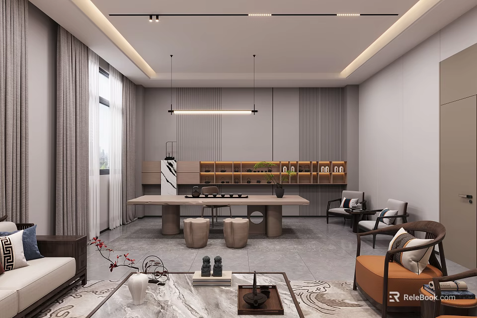 Modern Tearoom Interior With Marble Coffee Table Sofa And Bookshelf 3d model