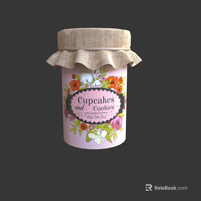 Pink Floral Cupcakes Storage Jar With Burlap Lid And Decorative Label 3d model 
