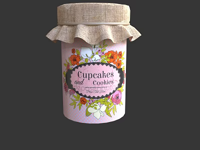 Pink Floral Cupcakes Storage Jar With Burlap Lid And Decorative Label 3d model