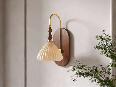 Elegant Modern Wall Lamp With Wooden Backplate Golden Rod And Cream Pleated Lampshade 3d model