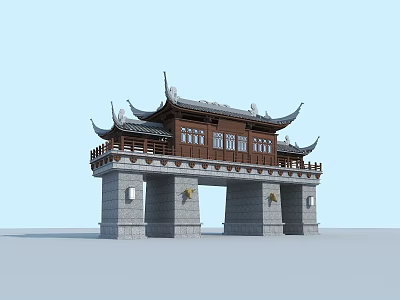 Ancient Chinese Architecture Gateway With Curved Eaves Wooden Structure And Stone Base 3d model